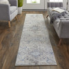 10' Ivory Taupe And Blue Floral Power Loom Distressed Stain Resistant Runner Rug