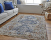 10' X 13' Ivory Orange And Blue Floral Power Loom Distressed Area Rug With Fringe