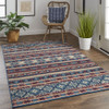 10' X 13' Blue Red And Ivory Geometric Power Loom Distressed Stain Resistant Area Rug