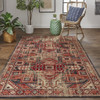 10' X 13' Red Tan And Black Abstract Power Loom Distressed Stain Resistant Area Rug