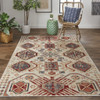 7' X 10' Ivory Red And Tan Abstract Power Loom Distressed Stain Resistant Area Rug
