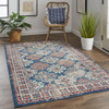 7' X 10' Blue Red And Ivory Abstract Power Loom Distressed Stain Resistant Area Rug