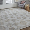 10' X 14' Ivory Silver And Tan Floral Hand Knotted Stain Resistant Area Rug