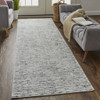 10' Gray Green And Ivory Striped Distressed Stain Resistant Runner Rug