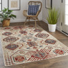 2' X 3' Ivory Red And Tan Abstract Power Loom Distressed Stain Resistant Area Rug