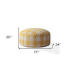 24" Yellow And White Canvas Round Gingham Pouf Ottoman