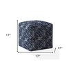 17" Blue And White Canvas Damask Pouf Ottoman