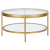 32" Gold Glass Round Coffee Table With Shelf