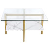 32" Gold And White Glass Square Coffee Table With Shelf