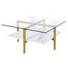 32" Gold And White Glass Square Coffee Table With Shelf