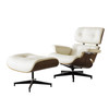 35" Beige Tufted Leather And Dark Brown  Swivel Lounge Chair with Ottoman