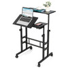 Mobile Stand up Computer Desk with 2 Tilting Desktops-Black