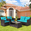 4 Pieces Patio Rattan Furniture Set with Tempered Glass Coffee Table-Turquoise