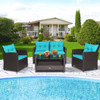 4 Pieces Patio Rattan Furniture Set with Tempered Glass Coffee Table-Turquoise