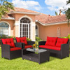 4 Pieces Patio Rattan Furniture Set with Tempered Glass Coffee Table-Red