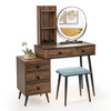 Vanity Table Set with 3-Color Lighted Mirror and Cushioned Stool-Rustic Brown