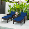 5 Pieces Patio Rattan Sofa Ottoman Furniture Set with Cushions-Navy