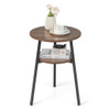 2-Tier Round End Table with Open Shelf and Triangular Metal Frame-Brown