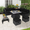 9 Pieces Outdoor Wicker Sectional with 35 Inch Gas Fire Pit Table-Black