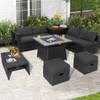 9 Pieces Outdoor Wicker Sectional with 35 Inch Gas Fire Pit Table-Gray