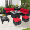 9 Pieces Outdoor Wicker Sectional with 35 Inch Gas Fire Pit Table-Red