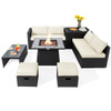 9 Pieces Outdoor Wicker Sectional with 35 Inch Gas Fire Pit Table-White