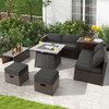 9 Pieces Patio PE Wicker Sectional Set with 50000 BTU Fire Pit Table-Gray