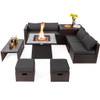 9 Pieces Patio PE Wicker Sectional Set with 50000 BTU Fire Pit Table-Gray