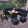 9 Pieces Patio PE Wicker Sectional Set with 50000 BTU Fire Pit Table-Navy