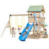 Wooden Swing Set with Large Upper Deck Slide and Steering Wheel