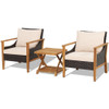 3 Pieces Patio Wicker Furniture Set with 2-Tier Side Table and Cushioned Armchairs-Natural