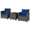 3 Pieces Outdoor Wicker Conversation Set with Tempered Glass Tabletop-Navy