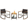 3 Pieces Rattan Rocking Bistro Set with Coffee Table and Cushions-Off White