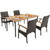 5 Pieces Patio Wicker Cushioned Dining Set with Wood Armrest and Umbrella Hole