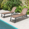 3 Pieces Patio Chaise Lounge Chair and Table Set for Poolside Yard-Brown