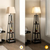 Trapezoidal Designed Floor Lamp with 3 Tiered Storage Shelf-Brown