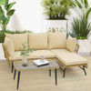 3 Pieces L-Shaped Patio Sofa with Cushions and Tempered Glass Table-Beige