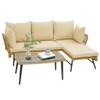 3 Pieces L-Shaped Patio Sofa with Cushions and Tempered Glass Table-Beige