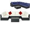 7 Pieces Sectional Wicker Furniture Sofa Set with Tempered Glass Top-White & Navy