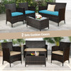 4 Pieces Comfortable Outdoor Rattan Sofa Set with Glass Coffee Table-Beige & Turquoise