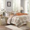 6pc Orange & Taupe Reversible Medallion Coverlet Quilt Set AND Decorative Pillows (Tangiers-Orange-cov)