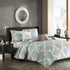 6pc Aqua & Grey Leaf Diamond Coverlet Quilt Set AND Decorative Pillows (Claire-Aqua-cov)