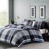 3pc Black White & Blue Plaid Cotton Comforter AND Decorative Shams (Nathan-Grey)