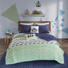 Blue & Green Sharks & Stripes Coverlet Set AND Decorative Pillows (Finn-Green/Navy-cov)