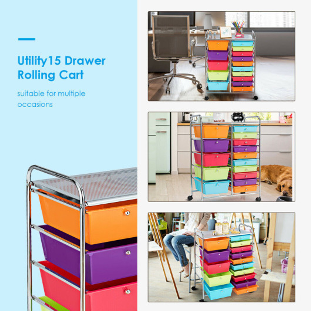 15-Drawer Utility Rolling Organizer Cart Multi-Use Storage-Deep Multicolor