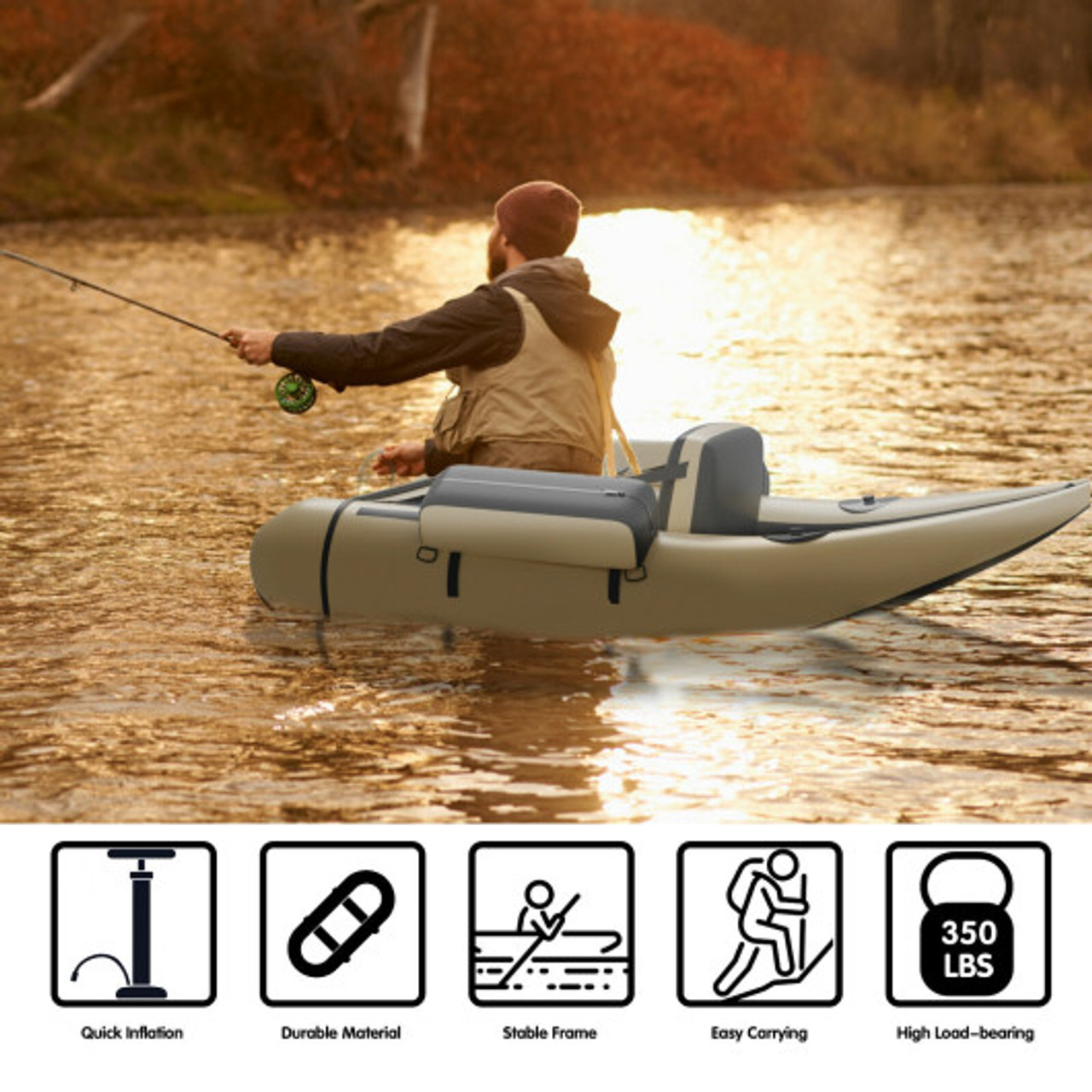 Inflatable Fishing Float Tube with Pump Storage Pockets and Fish