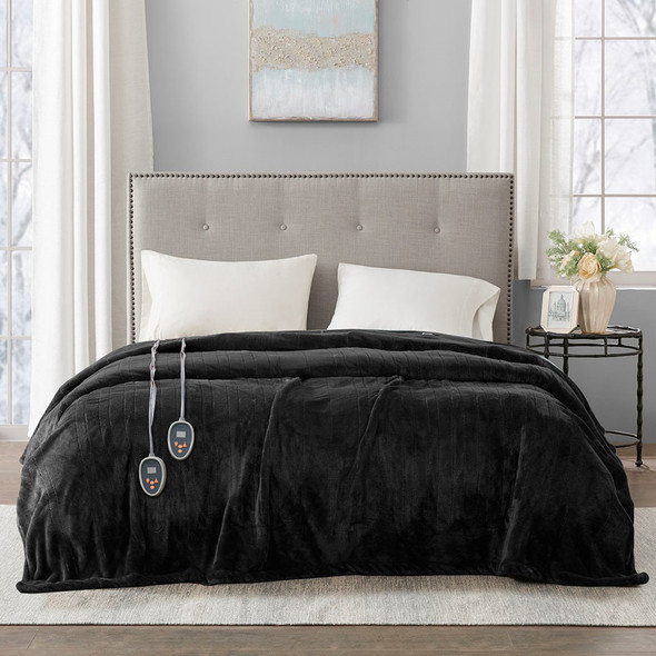 Solid Black Electric Heated Plush Year Round Blanket (Heated Plush-Black-Blanket) 