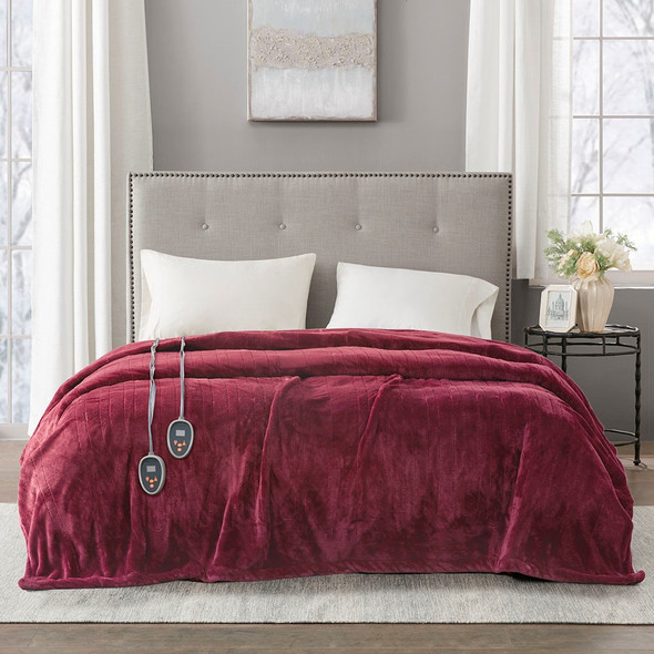 Solid Deep Red Electric Heated Plush Year Round Blanket (Heated Plush-Red-Blanket)