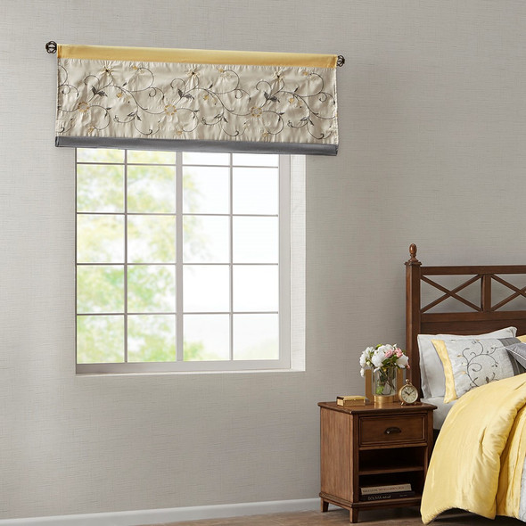 Yellow & Grey Embroidered Floral Window Valance - Rod Pocket