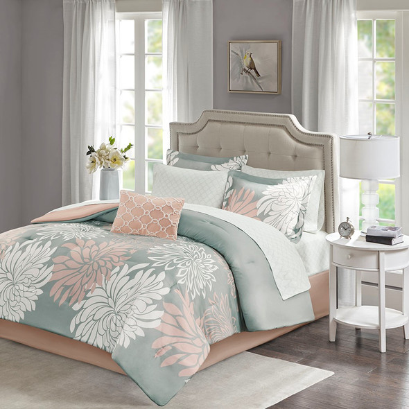 Blush Pink & Grey Floral Comforter Set AND Matching Sheet Set (Maible-Blush/Grey)